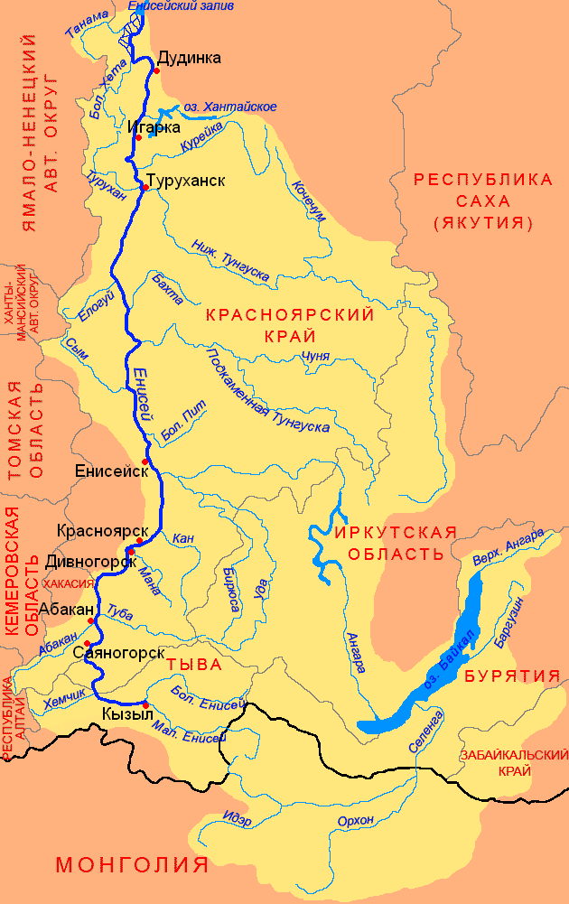 Карта бассейна реки Енисей