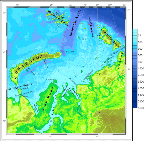 Береговая линия и рельеф дна Карского моря - Карта рельефа дна Карского моря.