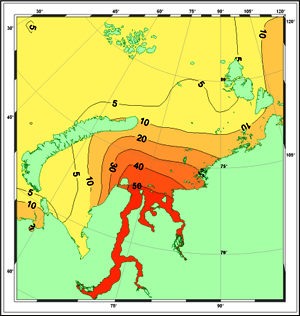 Распределение кремния мкг-а/л. (а) и растворенного кислорода мл/л (б) на поверхности в Карском море летом.