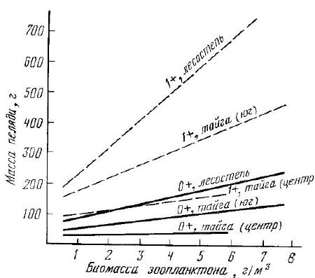 Зависимость средних показателей весового роста пеляди от зонального расположения озер и биомассы в них зоопланктона