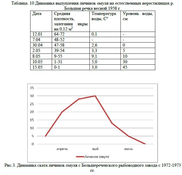 Динамика ската личинок омуля с Большереченского рыбоводного завода с 1972-1973