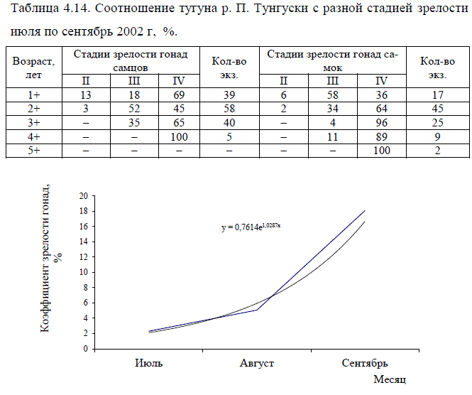 Изменение коэффициента зрелости самок тугуна р. Подкаменной Тунгуски в июле – сентябре 