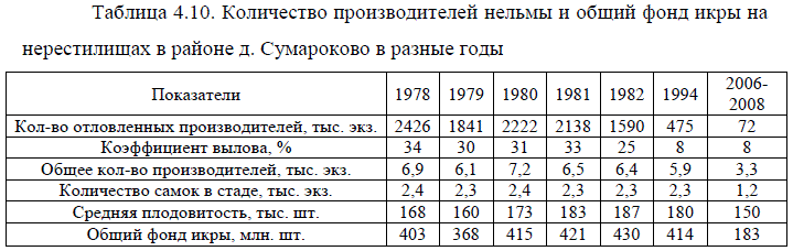 Количество производителей нельмы и общий фонд икры на нерестилищах в районе д. Сумароково в разные годы
