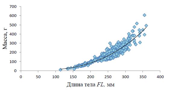  Зависимость длины тела FL (мм) и массы (г) хариуса р. Енисей, 2010-2014 гг.