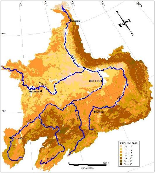 Карта средних уклонов бассейнов малых рек водосбора р. Лены