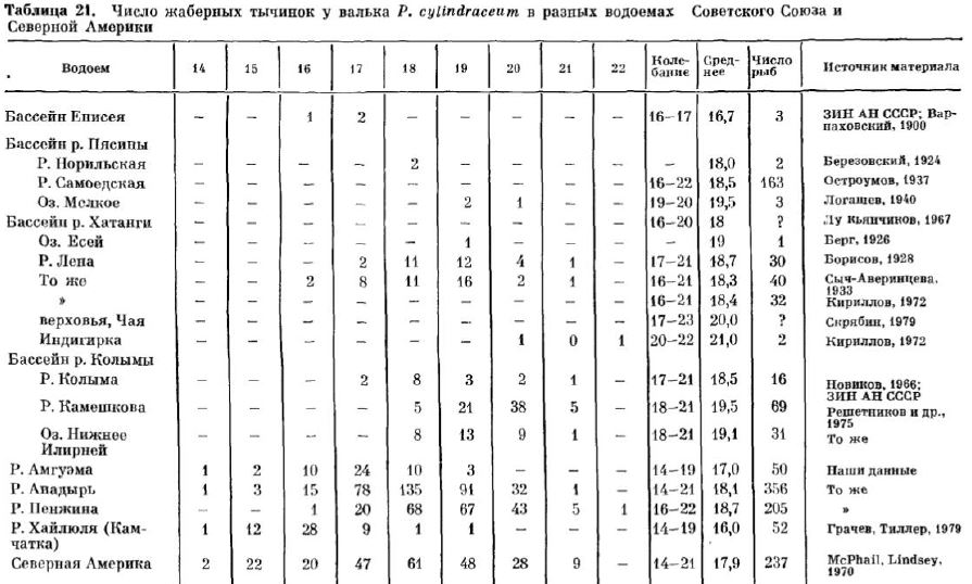 Число жаберных тычинок у валька P. cylindraceит в разных водоемах Советского Союза и Северной Америки