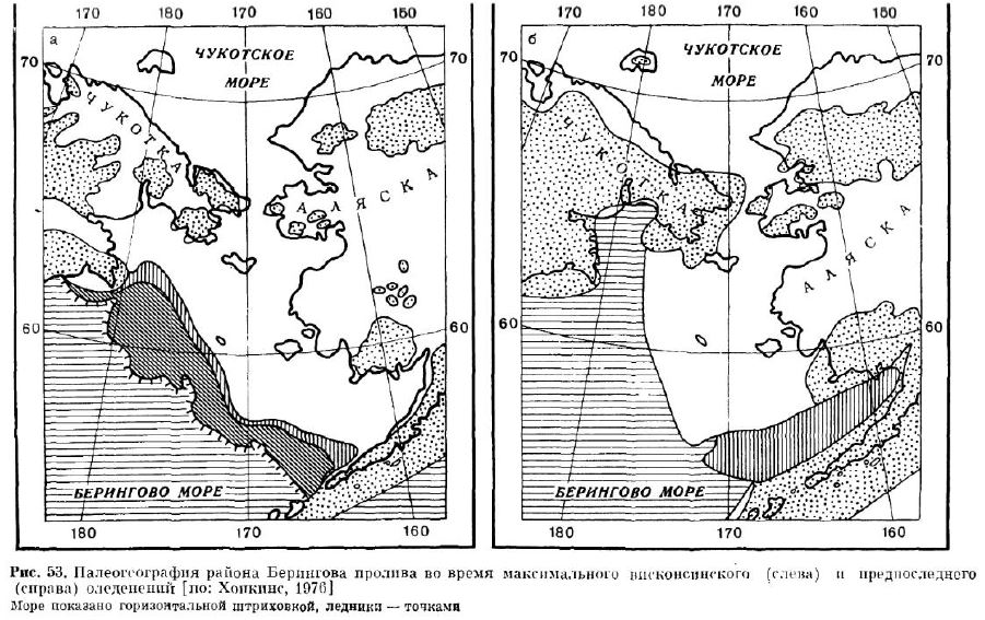 Палеогеография района Берингова протива во время максима,Tьного вісконсујнского (слева) и предпоследнего 