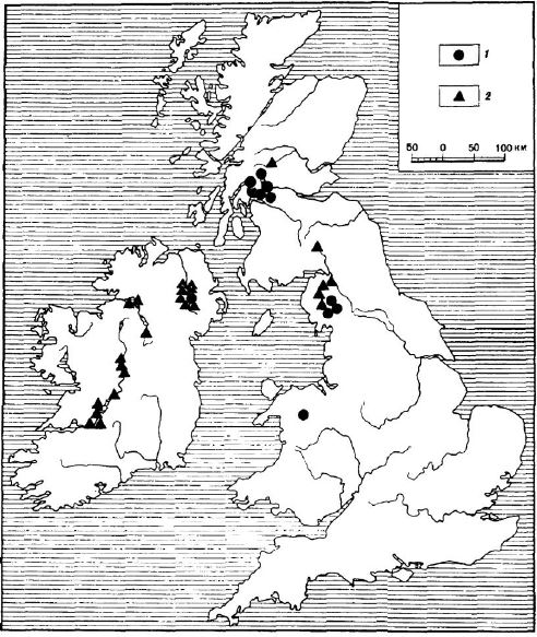Современное распространение популяций сигa Cavaretus (1) и ряпушкиС.albula (2) в водоемах Великобритании и Ирландии